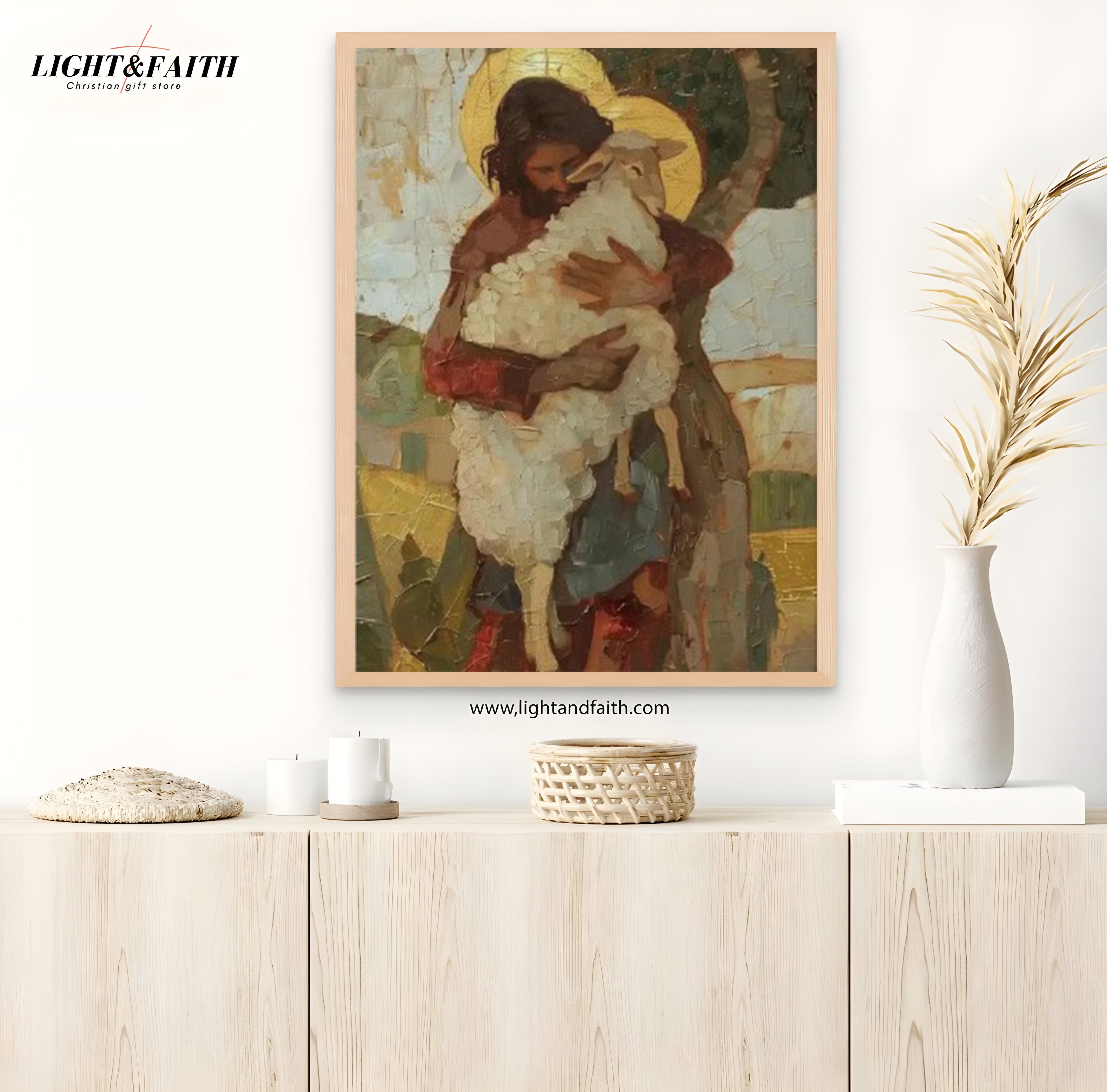 Jesus Holding Lost Sheep Poster, Christian Wall Art, The Good Shepherd Print, Biblical Painting, Religious Home Decor, Light and Faith Art